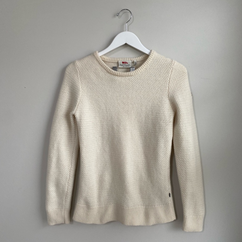Fjallraven 100% Wool Cable Knit Cream Crew Sweater